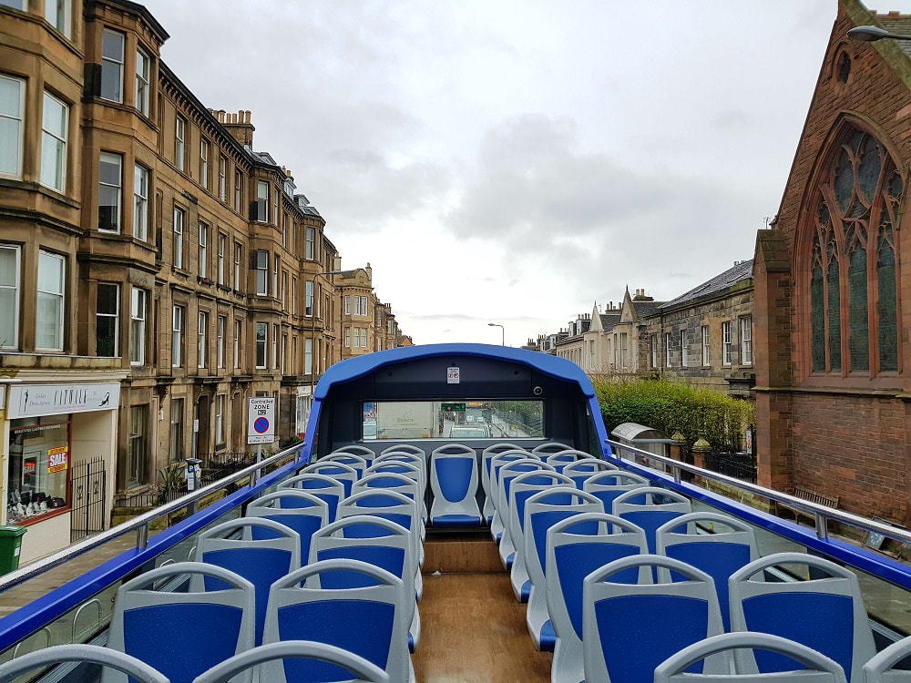 The top deck of an open top bus
