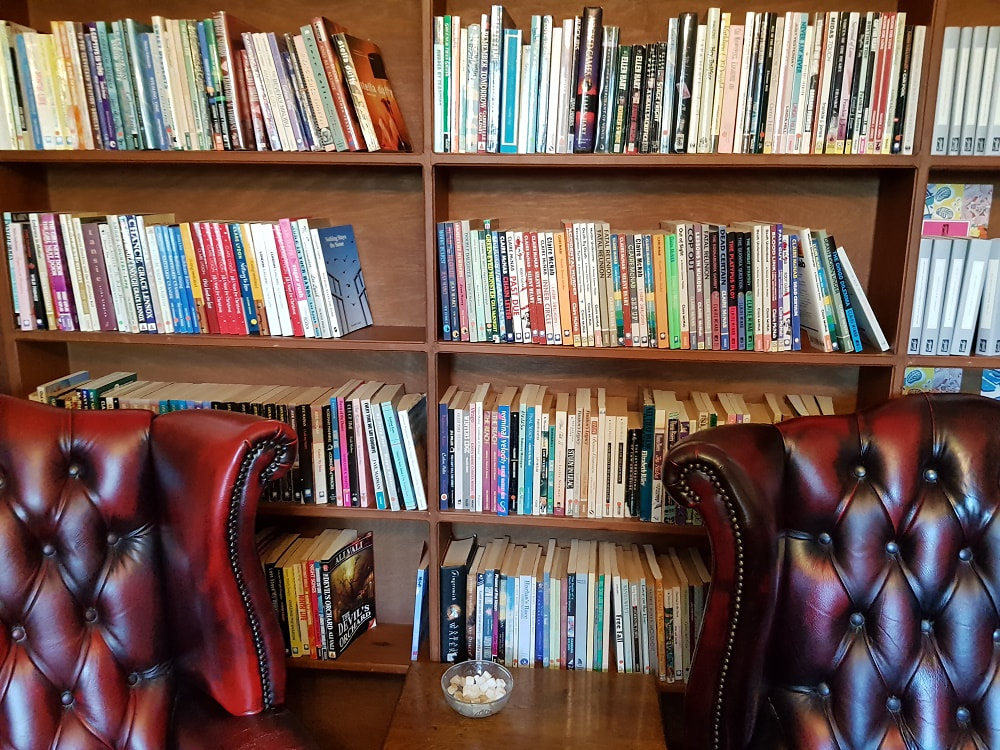 Two leather armchairs sitting in front of shelves filled with books
