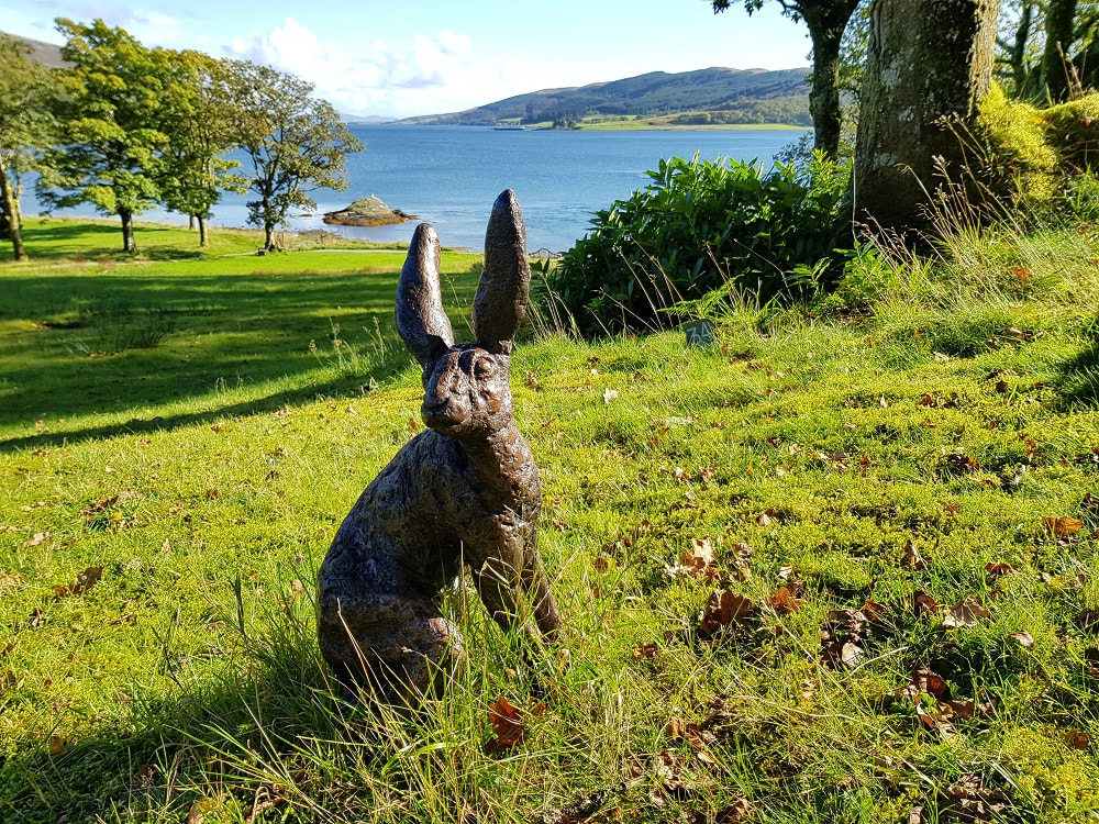 A large area of green grass with a bronze sculpture of a rabbit